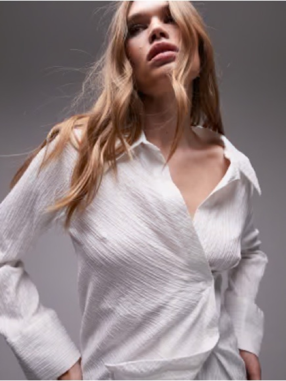 Size 12 ASOS TopShop Ivory Textured Collared Wrap Top with Long Sleeves